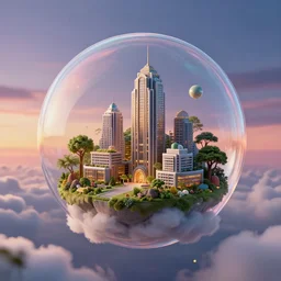 miniature building inside a bubble, floating on clouds, realistic 3 d render, unreal engine, gardens, ecofuturism, solarpunk, maya, 8 k, vmax, award winning, trending on artstation, smooth, sharp focus, octane, twilight sunset background
