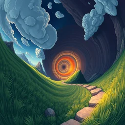 spiral, naive nerikomi, weird perspective, extra narrow, detailed illustration, lit by flashlight, scenic spiral environment by rhads from lorax movie, trending artstation, true color, fisheye, grass field mountainous terrain, spiral clouds