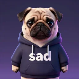 a sad pug wearing a hoodie with the word'sad'typed on it in upper case letters, digital art, synthwave style, trending on artstation, matte painting
