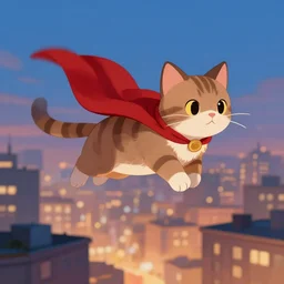 a cat with a cape flying in the city skies, trending on deviantart