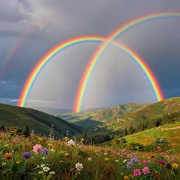 enormously detailed hd photo of three rainbows at horizon, landscape with mountains and flowers, concept art, high quality painting, 8K detail post-processing
