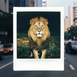 polaroid of a lion in a city