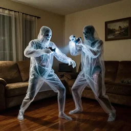 transparent horror spirit attacks in living room interior photos shot on iphone, dynamic fight pose, full body shot, sharp focus, grainy, corpse, paranormal flashlight,