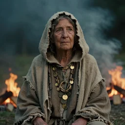a film still of an elderly woman wearing a hood and robe of multiple layers of drab colored torn linen, she’s wearing a necklace made of string and cable with golden rings and coins intertwined, lit by campfire, smoky, haze, film grain, cinematic moody