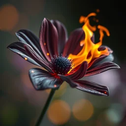close up, hyper realistic charcoal flower with fire texture on the petals, beaultiful background, vibrant colors, bokeh, illustrated by greg rutkowski, beautiful volumetric lighting, intricate, ultra detailed, photorealistic, trending on artstation, octane render, 8 k