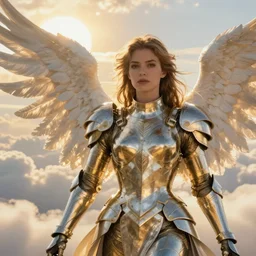 A beautiful fierce photogenic angel wearing metallic battle armor, posing among heavenly sunlit clouds, close-up shot, elegant, digital painting, golden hour, cinematic, epic, trending on artstation, concept art, smooth, sharp focus, illustration, art by artgerm and Greg Rutkowski and Alphonse Mucha