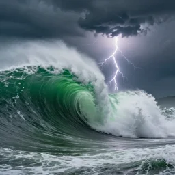 4 0 0 meter monster wave about to crash, green waters, storm, dramatic ligthting, atmospheric, mega tsunami