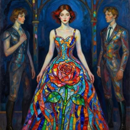 beautiful woman wearing a dress made from trippy stained glass in the design of a rose. painting by artgerm and greg rutkowski and ilya kuvshinov paul lerh