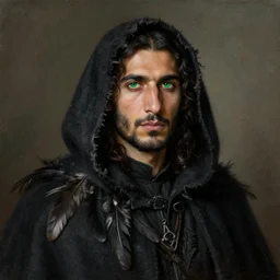 with green eyes, portrait painting of a middle eastern man with shoulder length hair wearing a tattered black cloak with feathers and a coat, sharp focus, award - winning, trending on artstation, masterpiece, highly detailed, intricate. art by rebecca guay