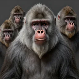 anthropomorphic highly detailed group portrait of hairy old neon macaca thibetana face hidden under hair, with long grey straight haircut in face, hairs hiding face, intricate, elegant, highly detailed, digital painting, artstation, concept art, smooth, sharp focus, illustration, art by artgerm, bob eggleton, michael whelan, stephen hickman, richard corben, wayne barlowe, trending on artstation and greg rutkowski and alphonse mucha, 8 k