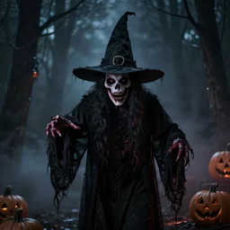 An ultra realistic wich at halloween, creepy.