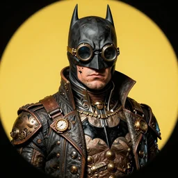 hyper detailed comic illustration of a steampunk batman wearing goggles and an intricate Victorian jacket, markings on his face, by Android Jones intricate details, vibrant, solid background, low angle fish eye lens