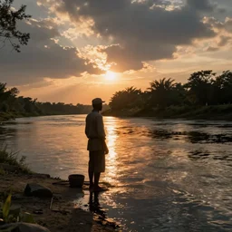 fisherman by a river, sunset