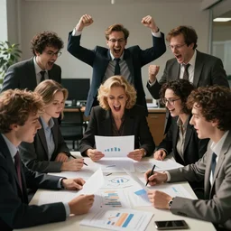 a bunch of people in an office sitting around a table looking at charts that nobody understands and screaming