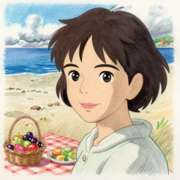 portrait of a woman having a picnic on a sunny beach, finely illustrated face, highly detailed, colored pencil, studio ghibli, tankobon, in the style of ilya kuvshinov and krenz cushart and william - adolphe bouguereau and alphonse mucha