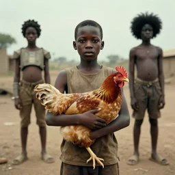 an african boy holding a chicken from the movie tank girl, afrofuturism, by jamie hewlett and sawoozer and roger ballen,