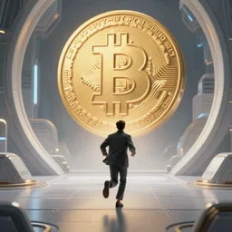 man running away from a giant with bitcoin face, sci-fi, cinematic, hyperdetailed, 4k