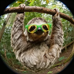 a sloth hanging from a branch wearing green and yellow glasses, hd photo, from below, fish-eye lens