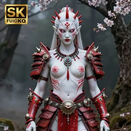 albino maiko  ornated armor war paint in the woods, detailed, smokey background, jewelry, sakura,photograph, award wining, red and white, trending on artstation, 50mm, punk attitude, 4k, unreal engine 5, octane render, neon highlights