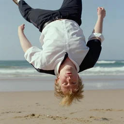 film still close - up shot of boris johnson doing a somersault on the beach from the movie monty python's the meaning of life. photographic, photography