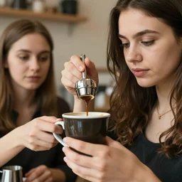professional close-up photo of two women creating a coffee in a shop very detailed eyes, Ukraine. professional photo
