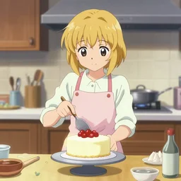 mary berry as an anime girl cooks a cake
