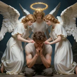 angels protecting a praying man very highly detailed, award winning, trending on artstation, 4K UHD image