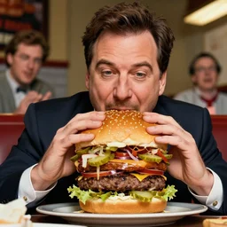 jimmy kimmel eating a massive big mac hamburger, extra pickles and onions, ultra detailed, style of norman rockwell, style of richard corben, 4 k, rule of thirds.