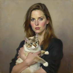 portrait of kate beckinsale holding a cat, an oil painting by ross tran and thomas kincade