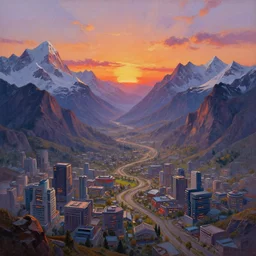 beautiful sunset over detailed cyberpunk suburb in a valley surrounded by epic mountains with snowtops, sharp, highly detailed, beautiful shading, oil on canvas, syd mead, 4 k, perfect geometry