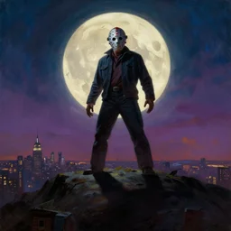 very scary jason voorhees! standing on a giant hill, new york panorama in far background, powerful pose, scary, horror, deep night, giant oversized moon backlighting, dramatic colorful sky, shadows on side, cinematic, side light, backlighting, oil painting by frazetta