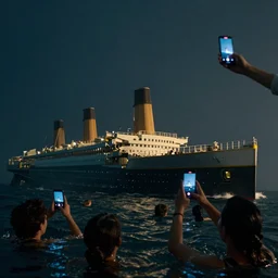 by night, at sea, the titanic is sinking, people are swimming, their smartphones up above the water, filming the titanic sinking, can see the titanic on the screens, photo realistic, by james cameron
