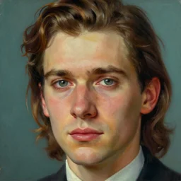 A beautiful close-up of a young man, his hairstyle long hair pushed back, dressed like in the 1940s, digital art by Edward Hopper, vibrant color scheme, highly detailed, in the style of romanticism, fine Art, high detail, great lighting, 8k resolution, masterpiece, concept art, illustration, clear eyes, soft lighting, soft details, painting oil on canvas, octane render, HDR, trending on artstation, 4k, 8k, HD