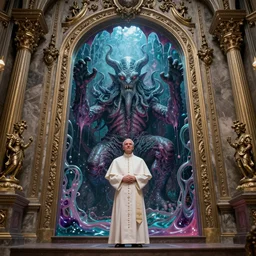 pope priest in front of a cthulhu within a viscosity fluid lovecraft portal, wide - angle portrait photography, intricate architecture, baroque detailed, unreal engine, octane render, micro detail, digital art by peter mohrbacher, subsurface scattering, ray tracing, vivid colors, octane render