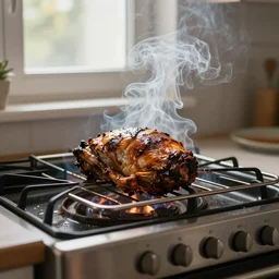 a photo of a smoke coming out of my oven sitting next to my kitchen window, my roast is ruined, color photography, high quality, volumetric light, beautiful, 4 k