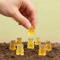 a yellow hand planting gummy bears in the ground.