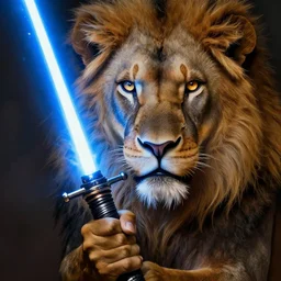 “ an anthropomorphic beautiful lion - o wielding a blue lightsaber, fine art, award winning, intricate, edgy, sharp focus, octane render, hyperrealistic, sharp illuminated eye of thundera detailed on hilt, highly detailed, digital painting, 8 k concept art, 1 9 8 0 pop art filter, art by tobin wolf, trending on artstation, 8 k ”