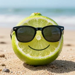 a lime fruit wearing sunglasses and smiling on the beach, back-lit photo 4K detailed