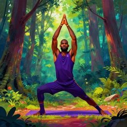 lebron james doing yoga in the forest, matte painting, vibrant, colorful, 4 k, artstation, cgsociety