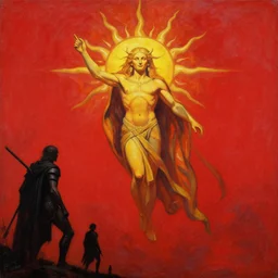 painting of the god of the sun floating in the red sky, by beksinski, ruan jia, wayne barlowe, dark soul art, trending on artstation