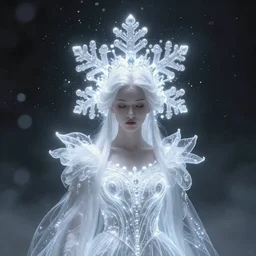 a beautiful white queen with a giant snowflake as halo, snow particles in the background, bokeh, glowing light orbs, intricate concept art, illuminated lines, outrun, vaporware, dark background, cyberpunk darksynth, ethereal, ominous, misty, 8 k, rendered in octane, by ruan jia and jeremy mann and alphonse mucha