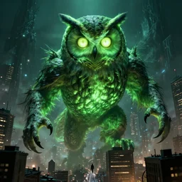 a giant green glowing owl destroying a city, monster, demonic, hideous, lovecraftian, creepy, ultra high resolution, incredibly detailed, by greg rutkowski and tom anders and denis villeneuve,