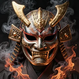 demon samurai mask, smoke and fire, intricate, elegant, volumetric lighting, scenery, digital painting, highly detailed, artstation, sharp focus, illustration, concept art, luis rollo, ruan jia, steve mccurry, john berkey