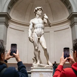 the statue david from michelangelo in front of his pedestial rises both arms to cheer, surrounded by colorful tourists with smartphones