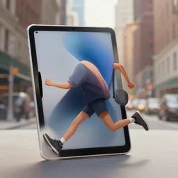 a painting of a ipad pro with arms and legs that is running out of the nyc subway on a monday morning, subway ants painted in the style of james jean and fernando botero