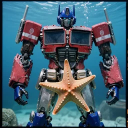 Kodak portra 160, 8K, highly detailed, portrait, starfish pose, focus on blue armour: famous transformer in low budget joan of arc movie remake, underwater scene