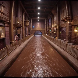 grainy security cam footage still of Augustus Gloop in the factory's indoors chocolate river at Wonka's Chocolate Factory, extreme wide angle, far away