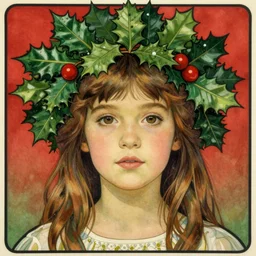 realistic art nouveau style detailed portrait of 1 4 - year - old millie bobby brown wearing a holly wreath as a crown at christmas by alphonse mucha, william adolphe bouguereau, and donato giancola art nouveau style, red and green christmas colors