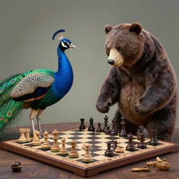 peacock and bear playing chess, drawing by mc escher, hyper realistic, volumetric lighting