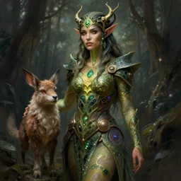 a woman spore druid with fractal themed clothing, fully clothed, pet animal, D&D, fantasy, intricate, cinematic lighting, highly detailed, digital painting, artstation, concept art, smooth, sharp focus, illustration, art by Artgerm and Greg Rutkowski and Alphonse Mucha